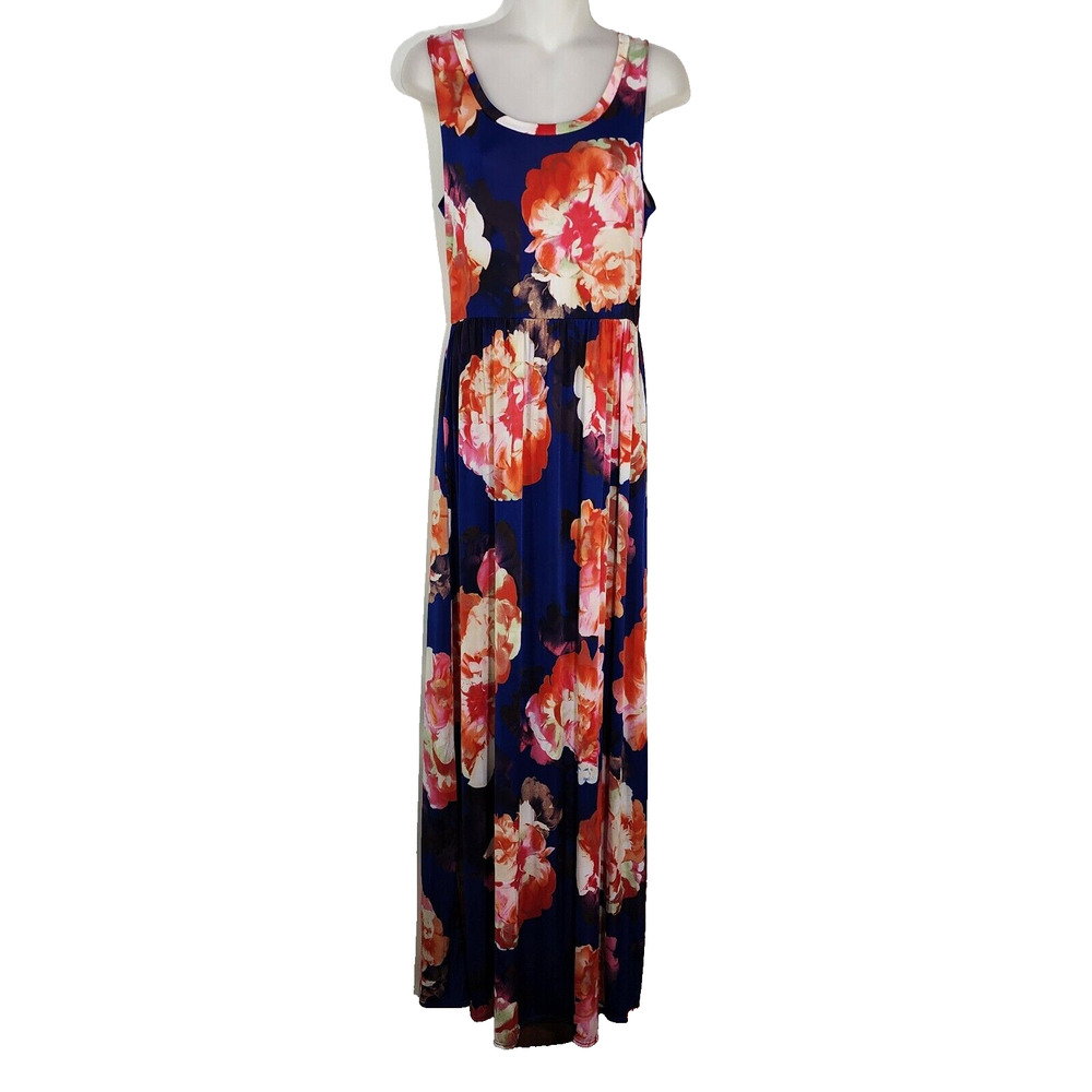 Yahada Womens Maxi Dress Size Large Floral Blue Pink Sleeveless Pockets Stretch